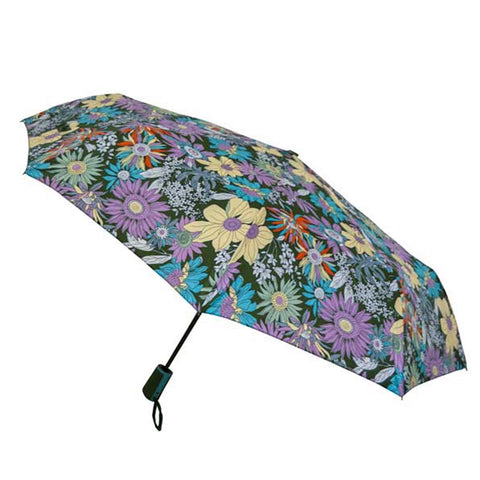A floral umbrella with a vibrant design featuring various flowers opens up against a plain background providing shade or protection from rain in potential outdoor settings.