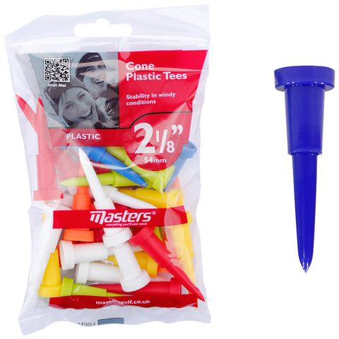 A bag of multi-colored plastic golf tees is displayed with one blue tee outside the bag. The tees are designed for stability in windy conditions and measure 2 1/8 inches in height.