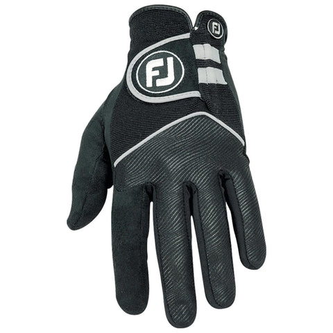 A black golf glove features a textured palm for grip and is designed with an adjustable wrist. It is displayed against a plain background highlighting its functional design.