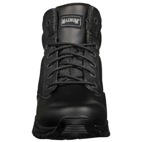 Black tactical boot with laces and mesh panels is positioned upright against a plain backdrop showcasing its durable design and rugged sole suitable for various terrains and activities.