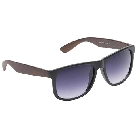 Sunglasses with black frames and wooden arms rest poised for use the dark lenses transition from opaque to transparent suggesting they are designed for sun protection and style.