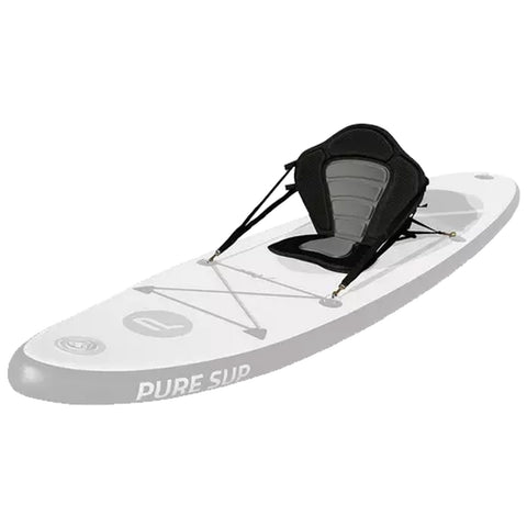 A stand-up paddleboard features a central seat designed for comfort, showcasing dynamic graphics and adjustable straps, set against a neutral background to emphasize its design and usability.