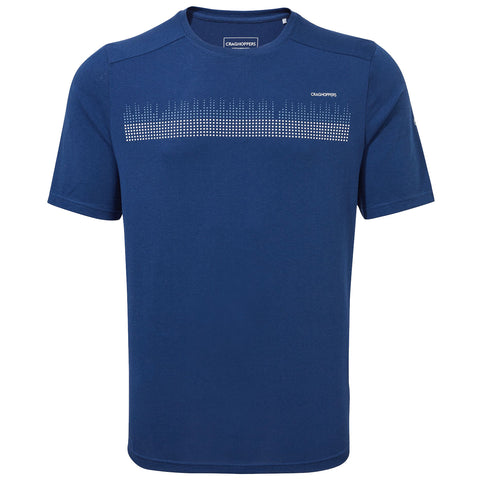 A blue short-sleeved t-shirt features a patterned design across the chest. It is displayed on a white background, emphasizing its color and design details.