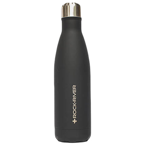 A sleek black stainless steel water bottle stands upright with a shiny metal cap. The brand name Rock River is embossed in gold on the side, emphasizing a modern design.