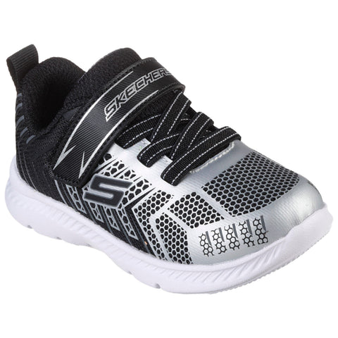 A black and silver athletic shoe features a mesh design and is secured with black laces and a hook-and-loop strap showcasing the Skechers logo on the side.