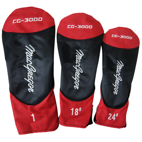 Three golf club headcovers in black and red colors are displayed. The headcovers are labeled with model numbers and degrees indicating their fit for different golf clubs.