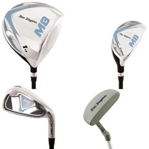 Four golf clubs are displayed: a driver with a shiny head and sleek design a hybrid club with a similar finish an iron with a distinct shape and a putter with a smooth head.