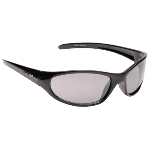 Sunglasses are resting horizontally with dark gray lenses and a sleek black frame the environment is plain and the focus is solely on the sunglasses