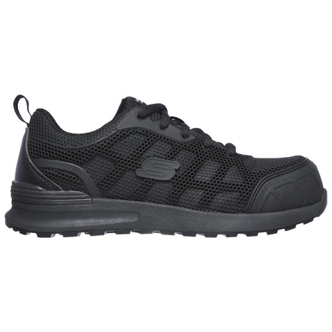 A black sneaker features a mesh material and sturdy sole designed for active use providing comfort and breathability suitable for various outdoor and indoor activities.
