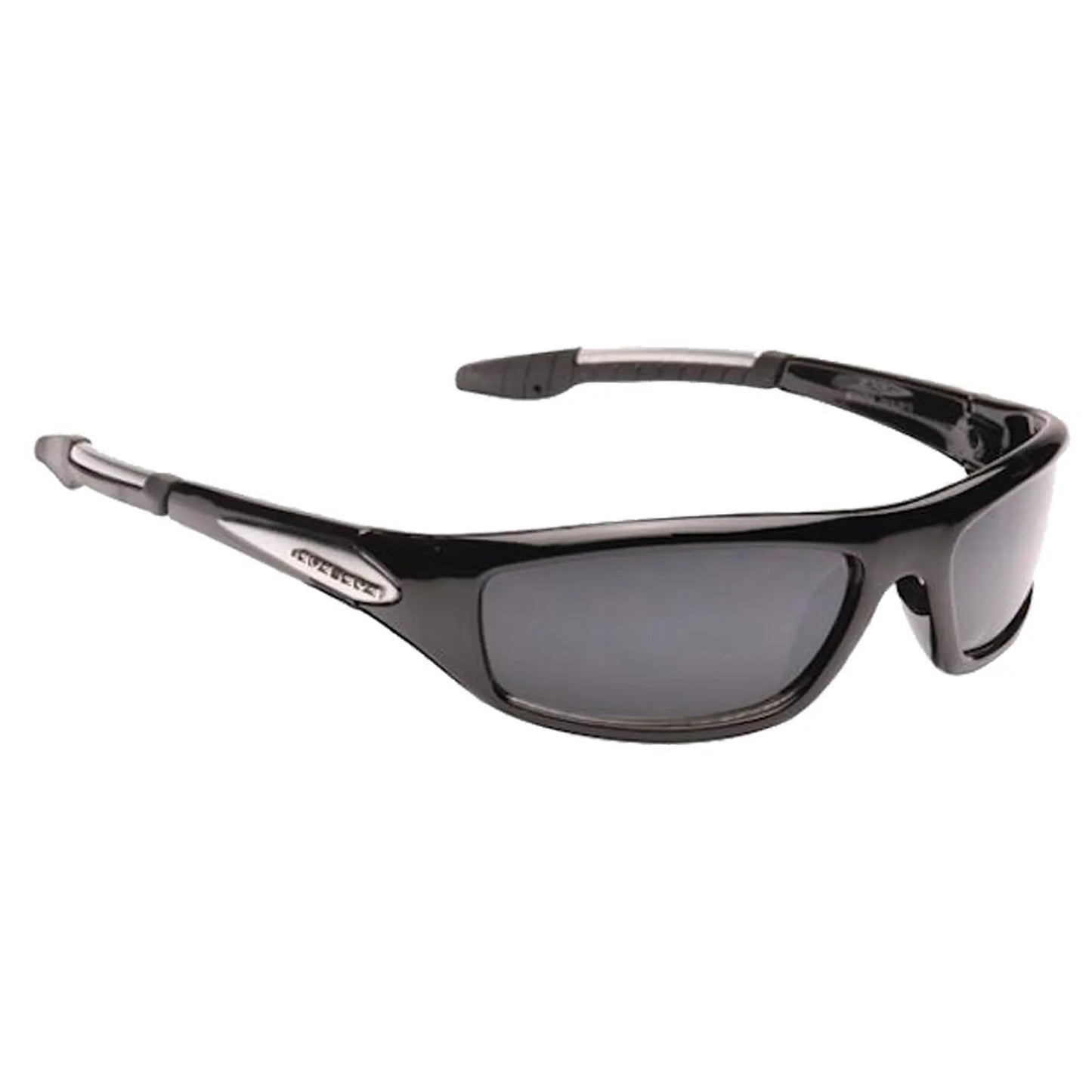 Black sunglasses rest on a flat surface featuring dark lenses and sporty design elements suitable for outdoor activities emphasizing a sleek and modern aesthetic.