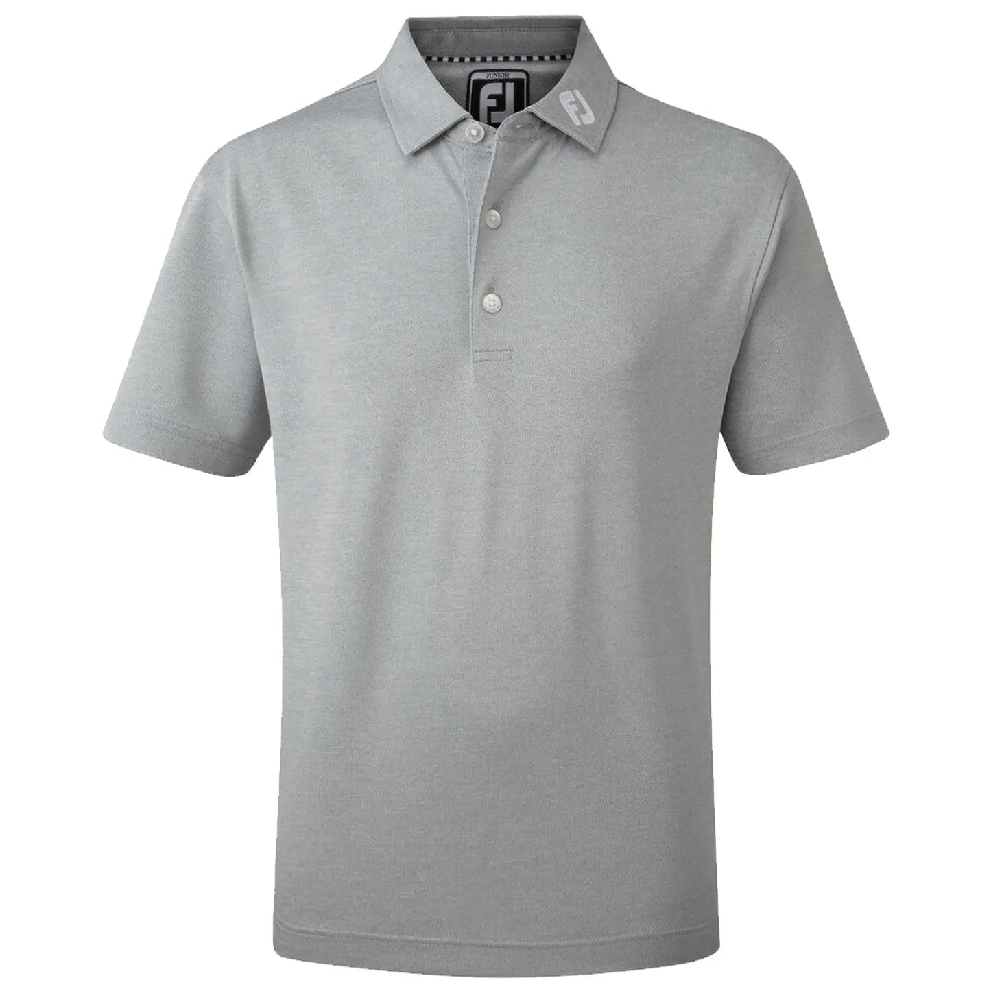 A gray polo shirt hangs vertically displaying three buttons on the front and a collar with a logo on the side against a plain white background.
