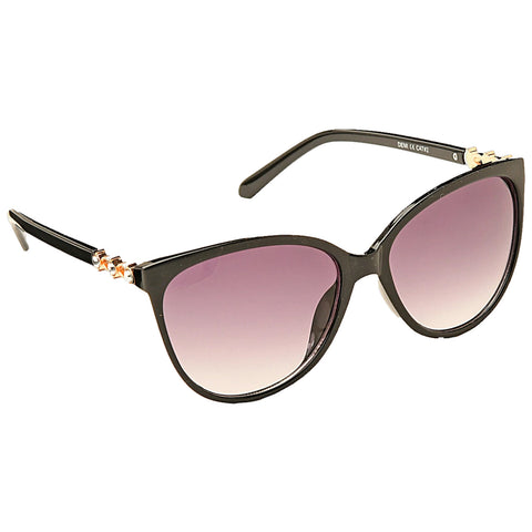 A pair of cat-eye sunglasses with a black frame are placed at an angle showing the gradient purple lenses and decorative embellishments on the frame's base in a neutral background.