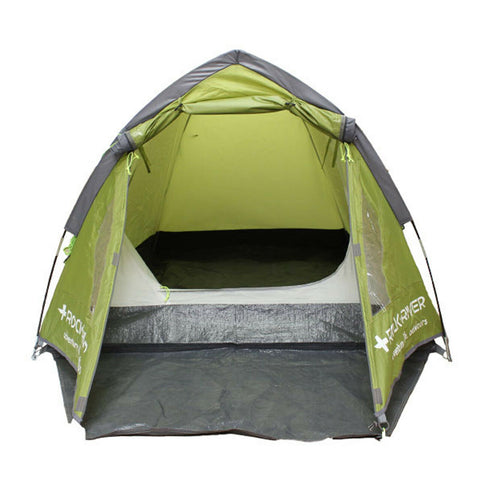 A green camping tent stands upright with an open entrance revealing a spacious interior and a flat floor, set against a neutral background, ready for use in outdoor activities.