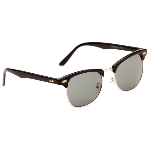 Sunglasses with black frames and gray lenses rest against a neutral background showcasing a classic design with gold detailing on the sides emphasizing a stylish accessory for sun protection.