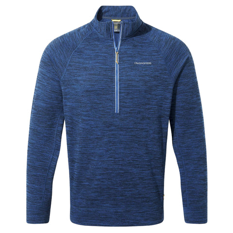 A dark blue quarter-zip pullover sweater is displayed upright with a textured fabric pattern featuring a small logo on the left chest area and a contrasting zipper detail.