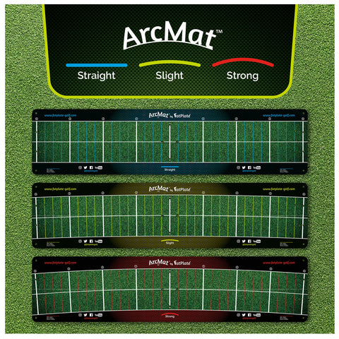 FatPlate ArcMat Stroke Path Trainer Three aligned mats labeled ArcMat feature different alignment styles: Straight, Slight, and Strong. Each mat has grid lines and sections, set against a green grass background.