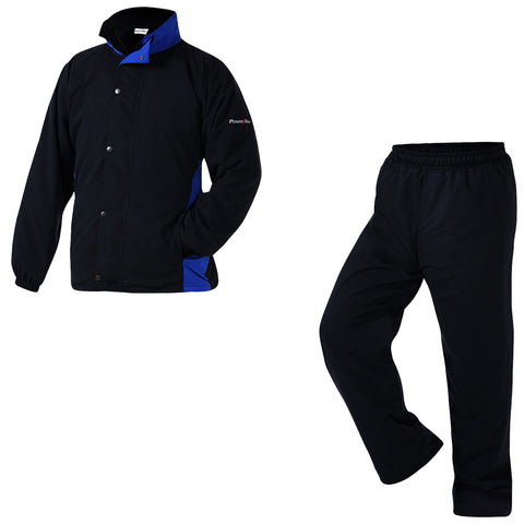 A black jacket with blue accents is shown next to matching black pants both designed for active wear with a comfortable fit suitable for outdoor activities or exercise.