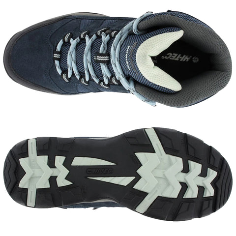 A pair of high-top hiking shoes is displayed with blue and grey materials featuring laces and a padded collar the sole has a rugged tread design suitable for outdoor activities.