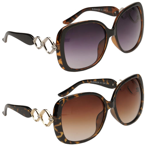 Two pairs of stylish sunglasses are displayed one on top of the other showcasing a tortoiseshell pattern with gradient lenses and decorative embellishments on the arms against a neutral background