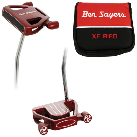 A red golf putter with a distinctive design rests upright beside a black and red carrying case featuring the name Ben Sayers with the text XF RED on it