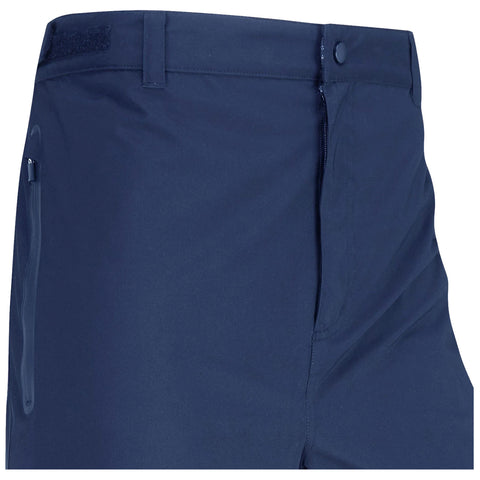 Navy blue pants are shown with a zippered pocket on the left side and a button closure at the waistband highlighting their casual yet functional design suitable for outdoor activities.