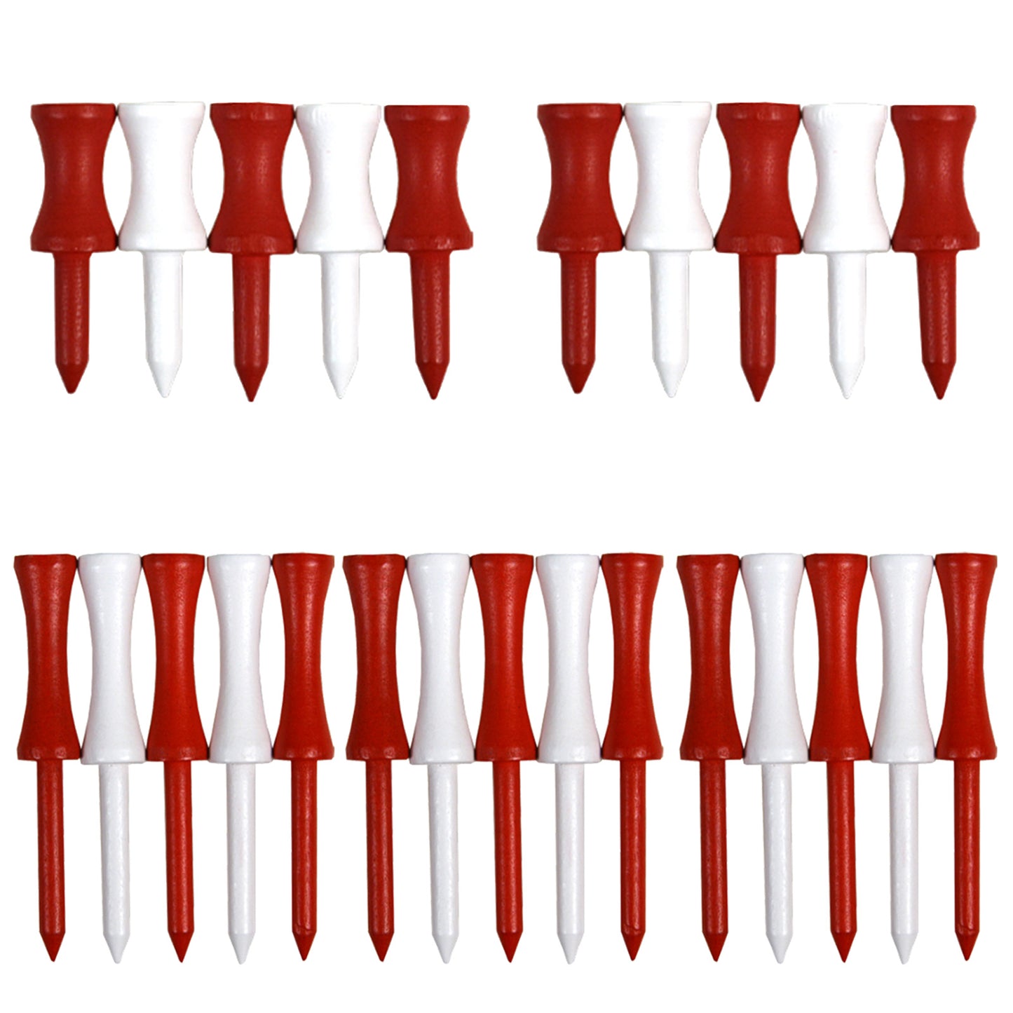 A collection of red and white golf tees arranged in two rows with alternating colors showing pointed ends used for teeing off in golf