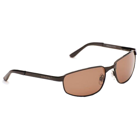 A pair of brown-tinted sunglasses rests against a plain background showcasing their sleek black frame and gently curved lenses designed for sun protection and style.