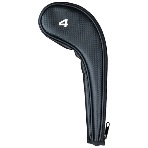 A black golf club head cover is positioned upright featuring a textured surface and a white number 4 on its side it is designed to protect the club from damage in storage or transport