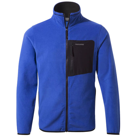 A blue fleece jacket is displayed with a high collar and a black chest pocket featuring a zipper. The jacket has long sleeves and a soft texture suitable for casual or outdoor wear.