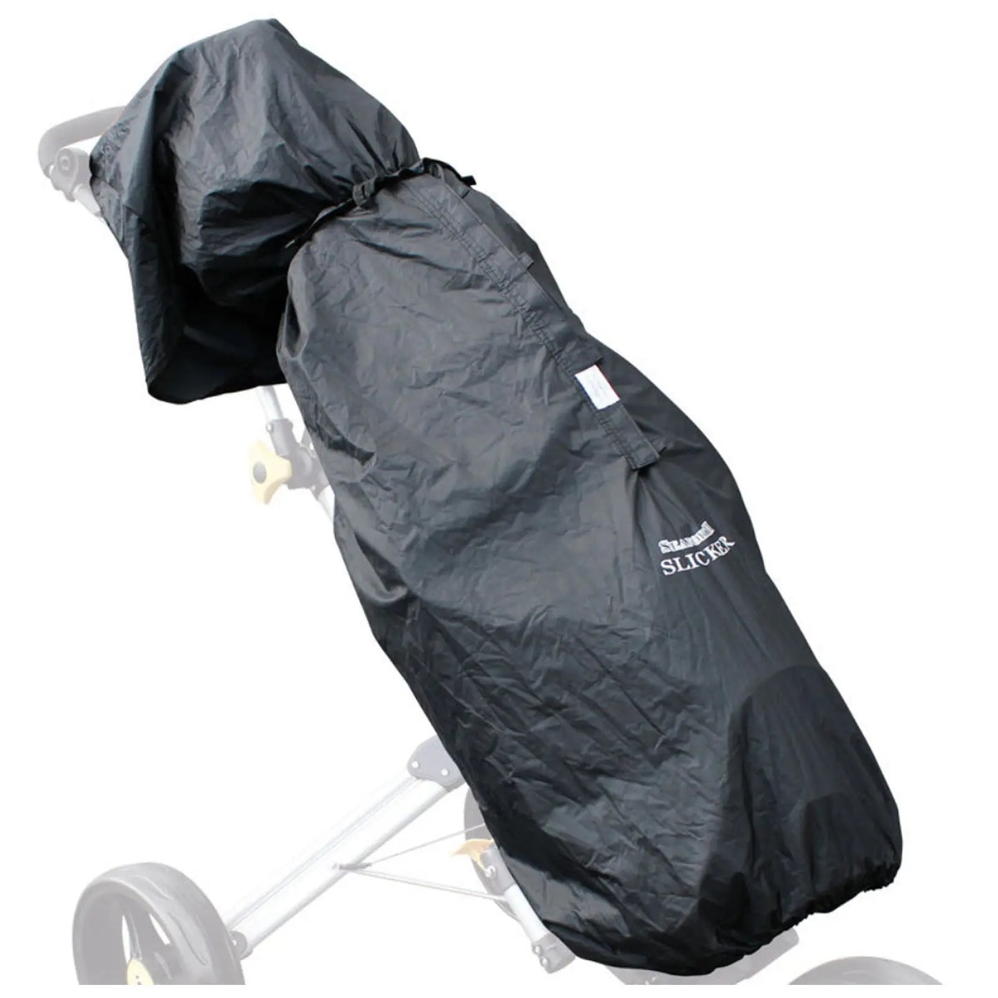 A black weatherproof cover is protecting a stroller from rain or dirt while secured tightly around the frame in an outdoor setting.