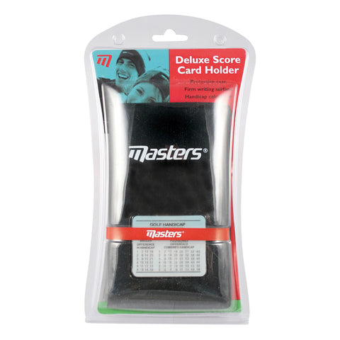 A black deluxe scorecard holder is displayed in a clear plastic package showing its protective case and firm writing surface for golf scoring along with a handicap calculator. Text reads Deluxe Score Card Holder Firm writing surface Handicap calculator GOLF HANDICAP.