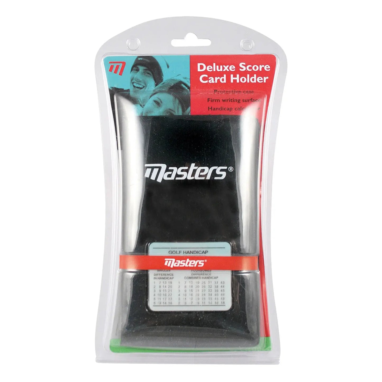 A black deluxe scorecard holder is displayed in a clear plastic package showing its protective case and firm writing surface for golf scoring along with a handicap calculator. Text reads Deluxe Score Card Holder Firm writing surface Handicap calculator GOLF HANDICAP.
