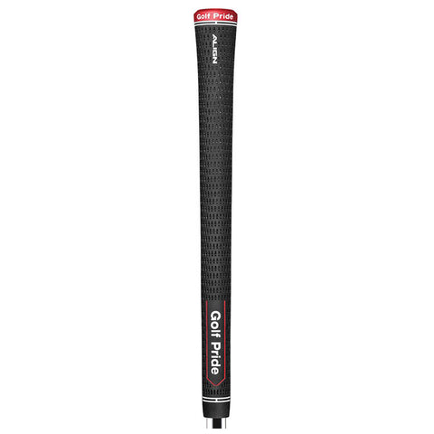A black golf club grip stands upright featuring textured rubber surface for improved handling and a red and white label reading Golf Pride at the top for branding in a neutral background.