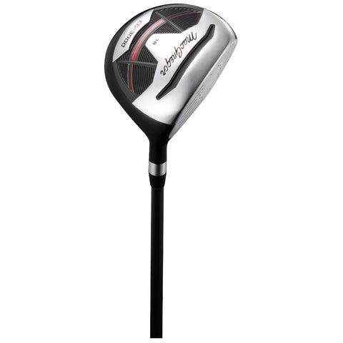 A golf club head is shown angled upwards revealing a shiny silver face with black detailing and a long shaft suggesting readiness for a swing on a golf course.