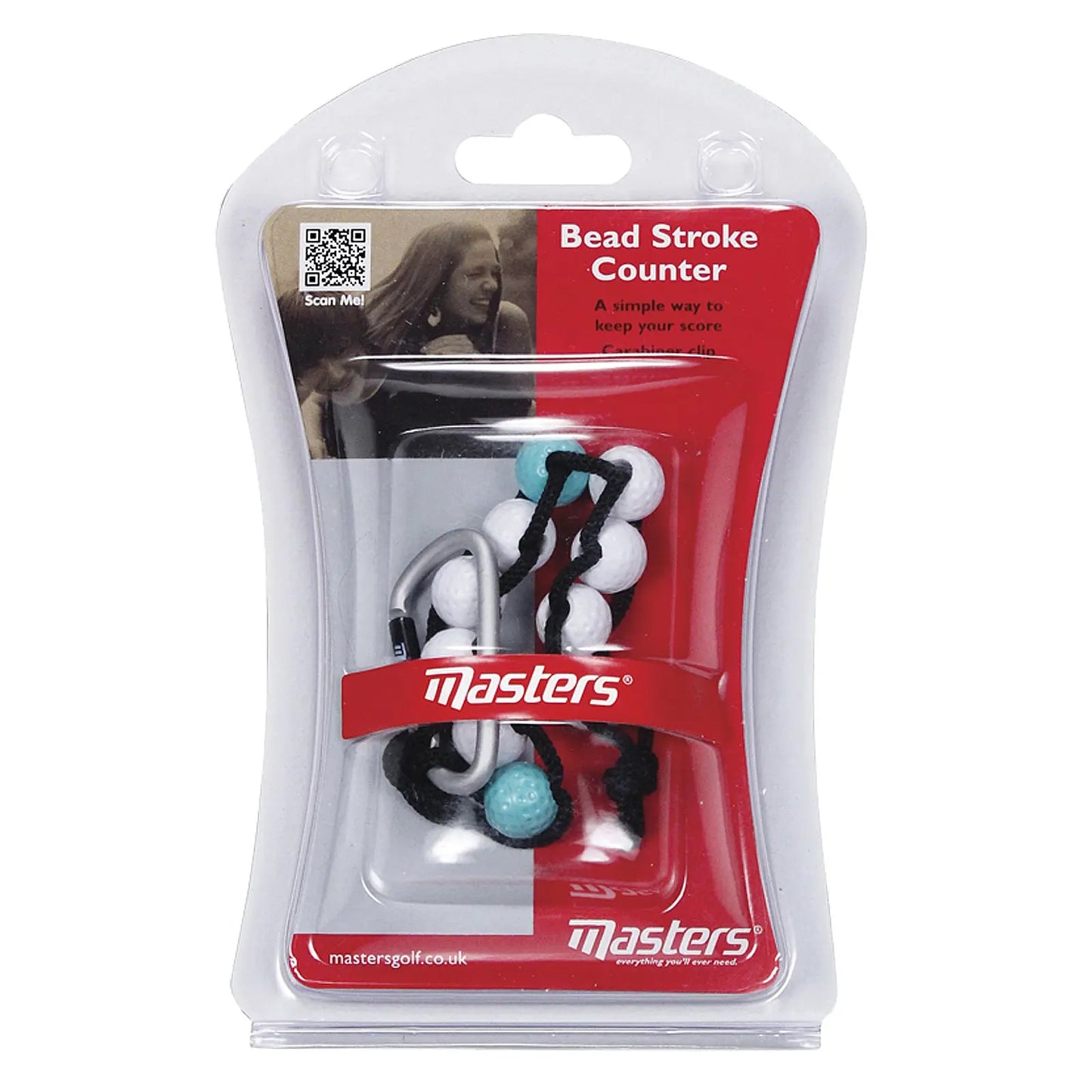 A bead stroke counter in a clear package features black cords with white and turquoise beads. It is designed to assist golfers in keeping track of their scores. The background displays a smiling person.