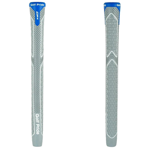 A golf club grip is displayed vertically featuring a textured surface for enhanced hold and comfort it is gray with blue accents and labeled Golf Pride.