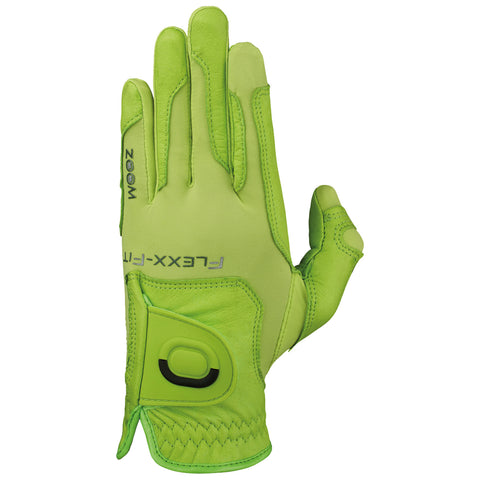 A bright green glove with five fingers is positioned palm-up displaying its grip texture and snug fit designed for sports or outdoor activities in a neutral background.