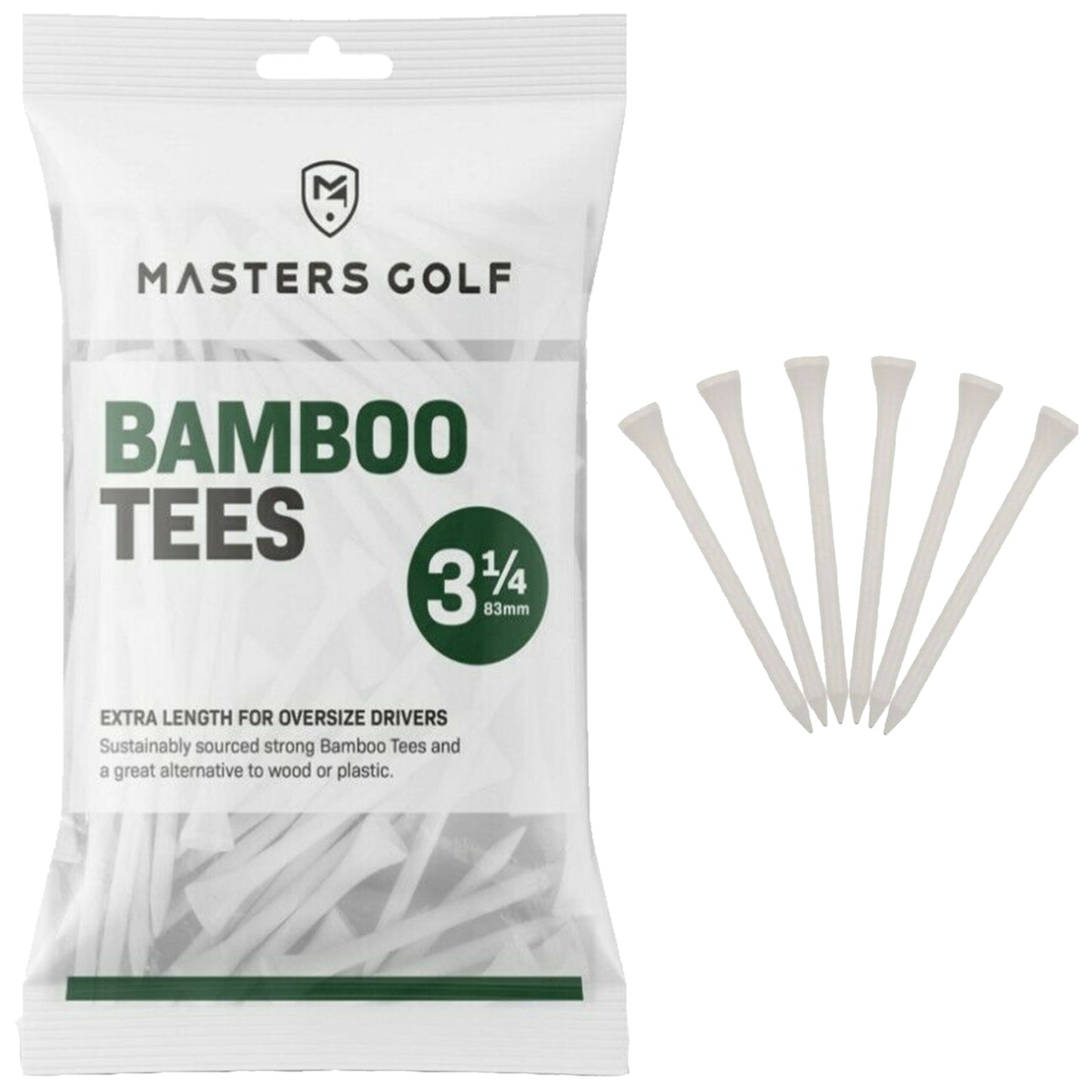 A clear plastic bag contains white bamboo golf tees with a label indicating a size of 3¼ inches and text about being an alternative to wood or plastic.