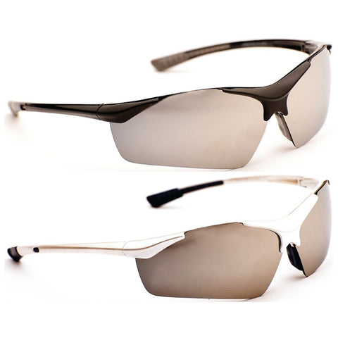 Sunglasses are displayed prominently with two distinct color designs black on top and white below showcasing reflective lenses and stylish frames against a plain white background.
