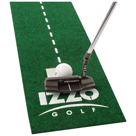 A golf putter is positioned next to a golf ball on a green putting mat featuring a dashed line and the words IZZO GOLF ODYSSEY, indicating practice for putting accuracy.