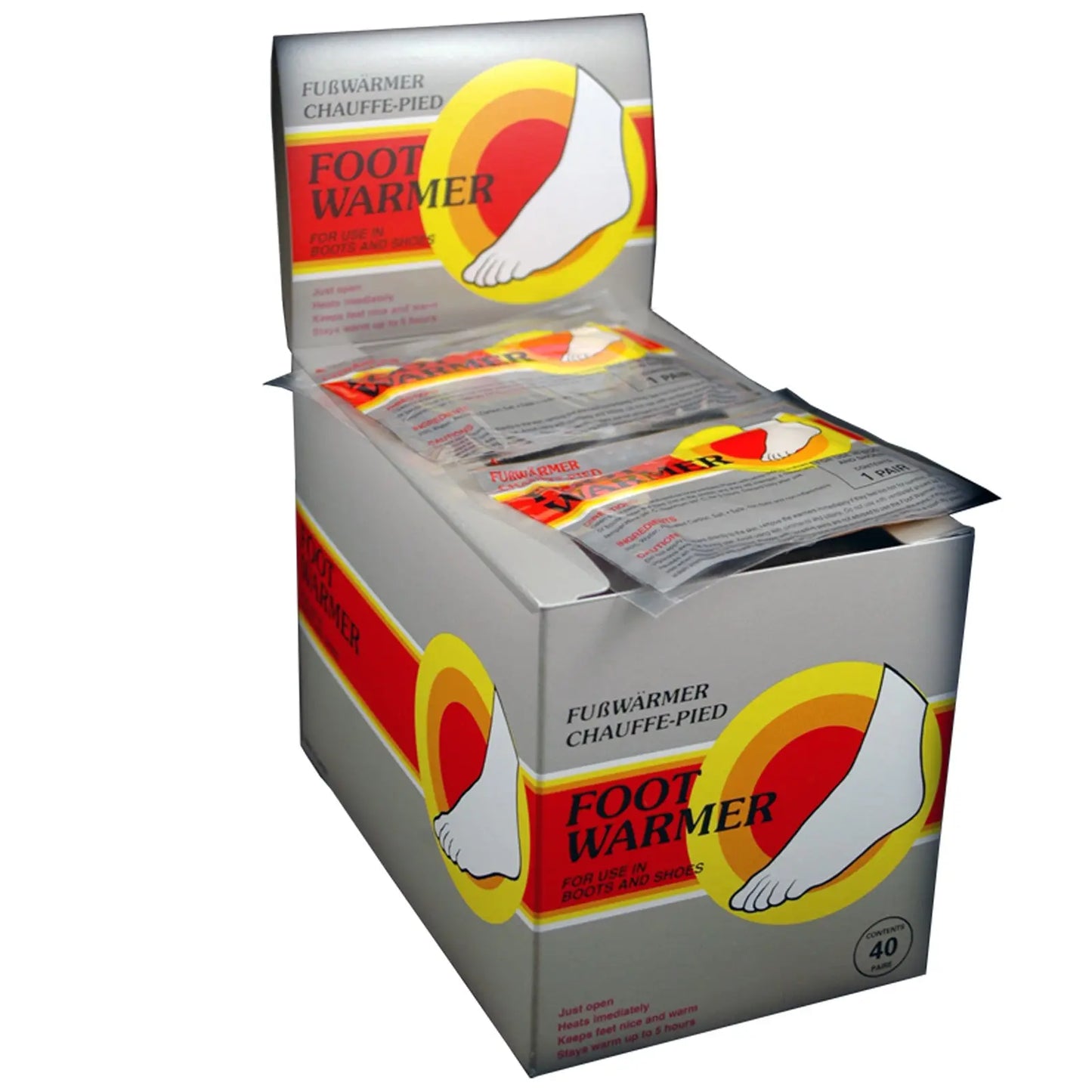 A box labeled "FOOT WARMER" contains individual heating packets designed to be used in boots and shoes. The packaging indicates they provide warmth for up to eight hours.