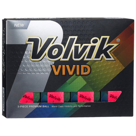 A box containing golf balls is displayed featuring vibrant colors and the label Volvik Vivid. It emphasizes premium quality and visibility with a note about world-class performance.