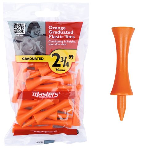 A pack of orange graduated plastic golf tees is displayed with one tee visible outside the packaging indicating 2¾ inches and 70mm in height surrounding a background of a smiling golfer.
