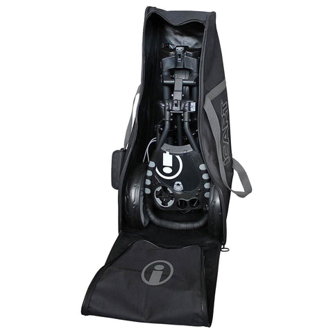 A black carrying bag contains a compact, folded electric golf cart with visible wheels and controls positioned inside the bag, suitable for storage or transport.