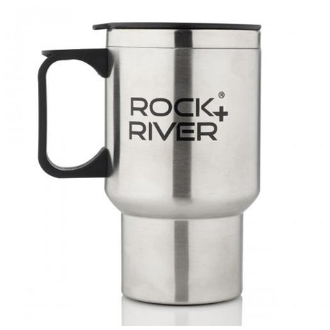 A stainless steel travel mug with a black handle features the text ROCK+RIVER prominently displayed on the side and includes a black lid on top for covering beverages.