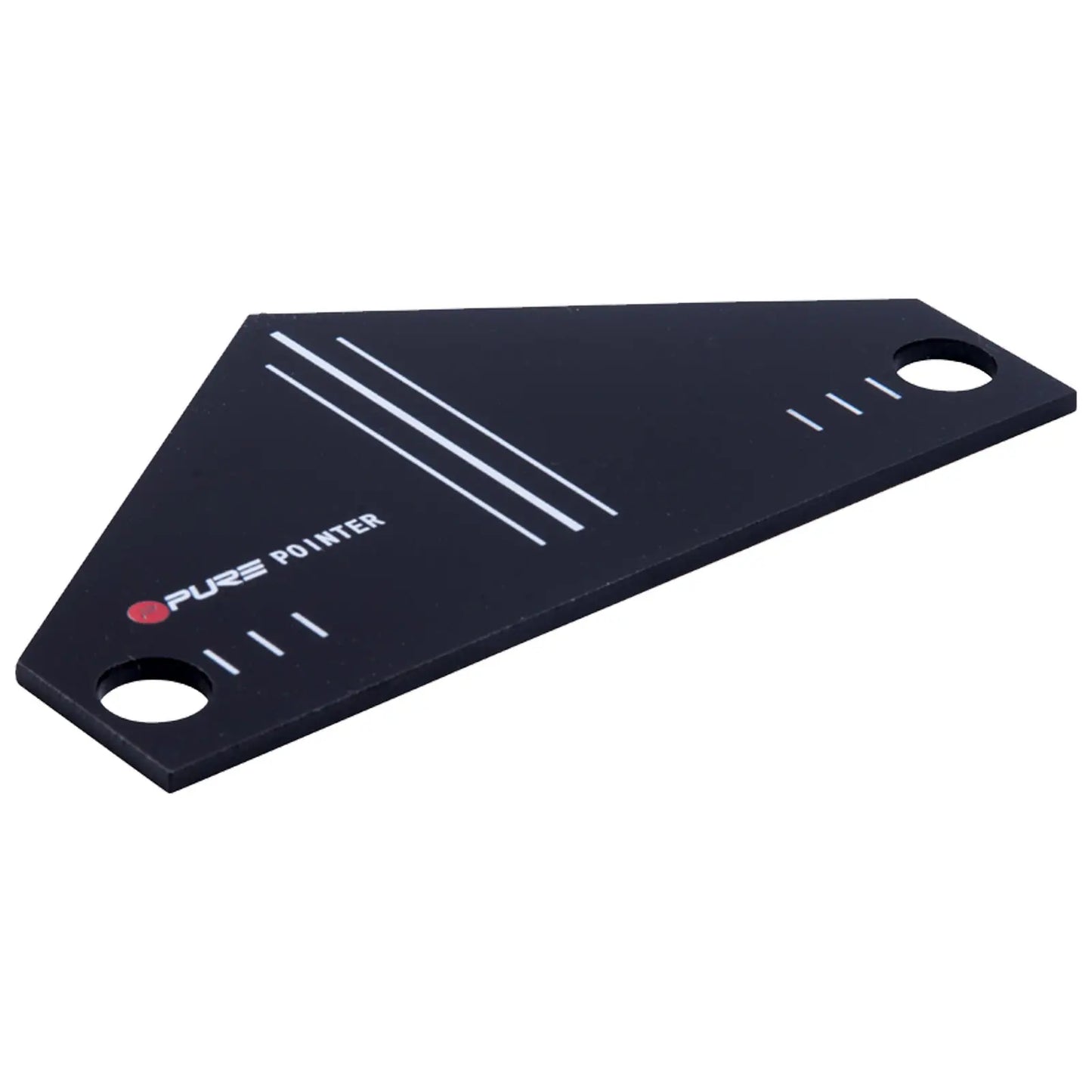 A black triangular measuring tool marked with white lines and a logo is placed on a flat surface designed for precision measurements in various applications like construction or crafting.