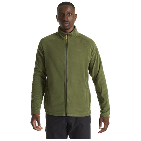 A man stands confidently wearing a green fleece jacket with a zippered front and side pockets in a neutral setting, expressing a casual and relaxed appearance.