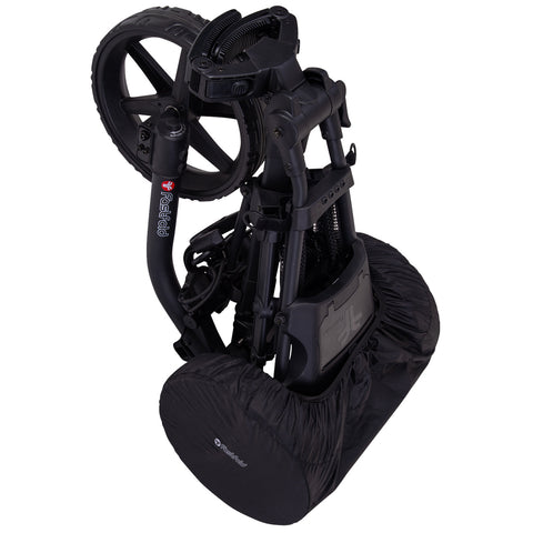 A black golf trolley is folded compactly with its two large back wheels positioned vertically while a fabric cover encloses the lower section providing protection during storage or transport.