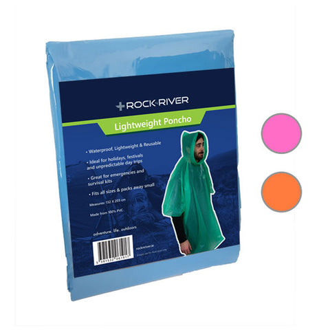 Lightweight poncho displayed in packaging featuring a person wearing it in a natural setting highlights its waterproof and reusable features ideal for outdoor activities and emergencies. Text includes product details and measurements.