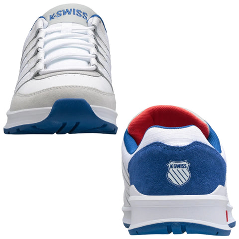 Sneakers feature a predominantly white design with blue accents and a red interior The laces are tied and the shoes are placed side by side showing the heel logo and sole details